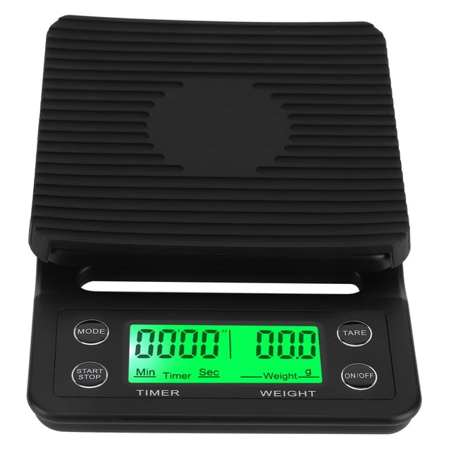 Báscula de café con temporizador, portátil, electrónica, digital, para cocina, pesaje de alimentos, color negro, 5 kg/0,1