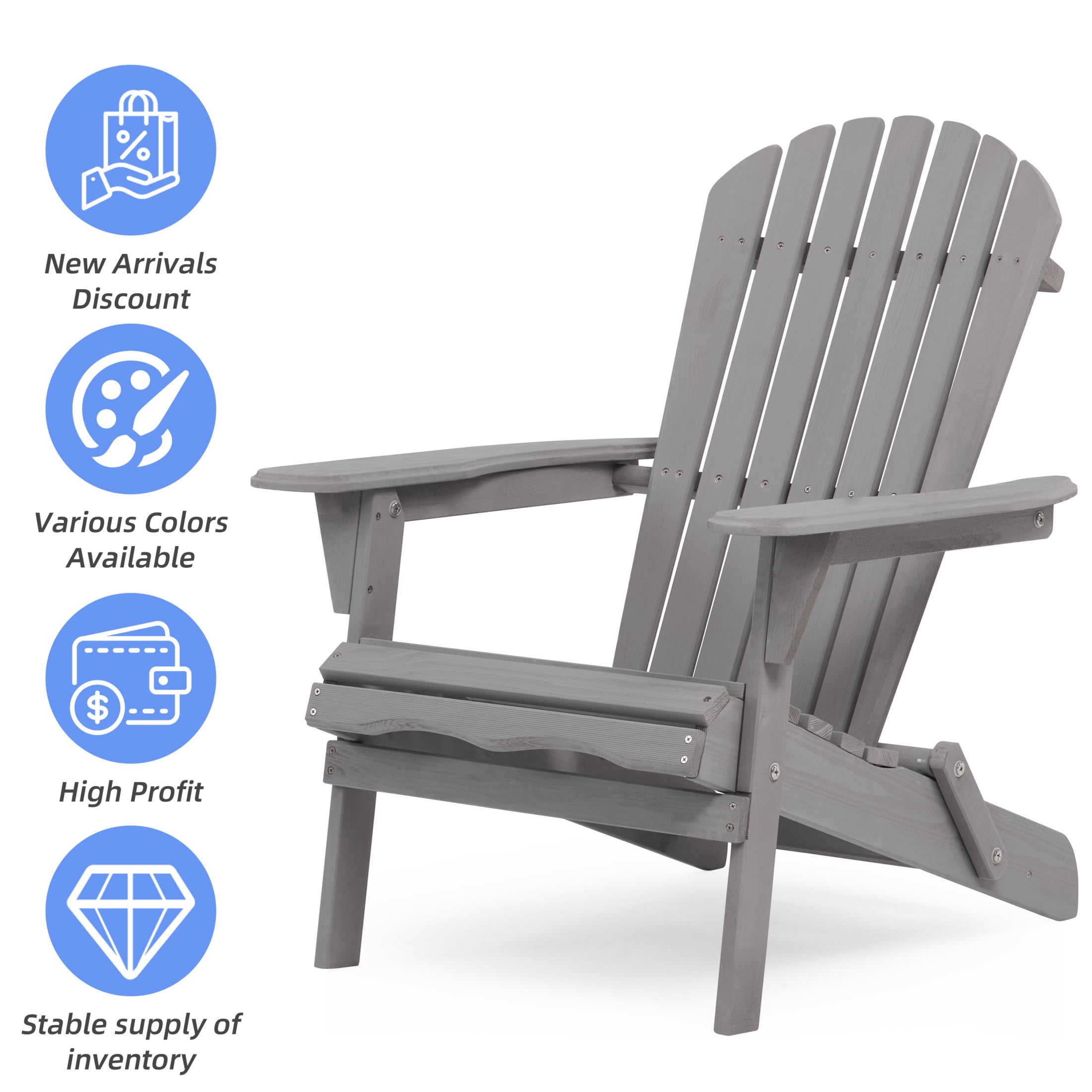 UHOMEPRO Folding Adirondack Chair Set of 4, Outdoor Weather Resistant Patio Lawn Chair, Wooden Fire Pit Chair for Outside Deck Garden Backyard Balcony, Patio Furniture Set Lounge Chairs, Gray A