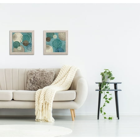 Blue And White Abstract Art Gango Home Decor Abstract Circle Patterned Wall Art ; Two Blue 12x12in Art Prints in Distressed White Frames ()