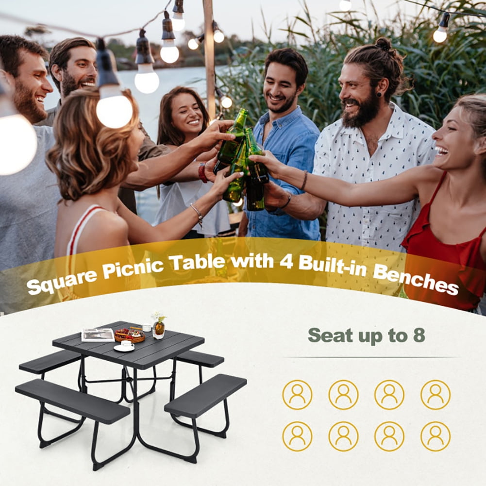Aimee Lii Outdoor Picnic Table with 4 Benches and Umbrella Hole, Outdoor Patio Furniture, Black