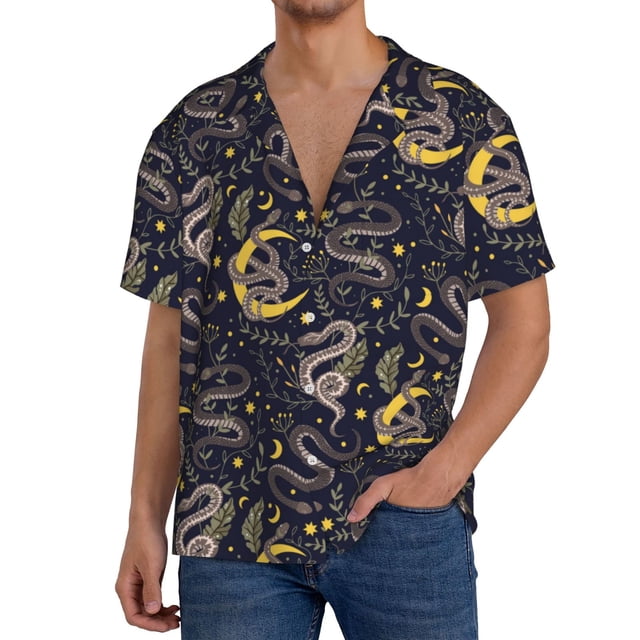 Xecao Snake Sleep Pattern Men's Short-Sleeve Cuban Collar Button-Down Shirt with Chest Pocket Lightweight Tropical Vacation Shirt-X-Large