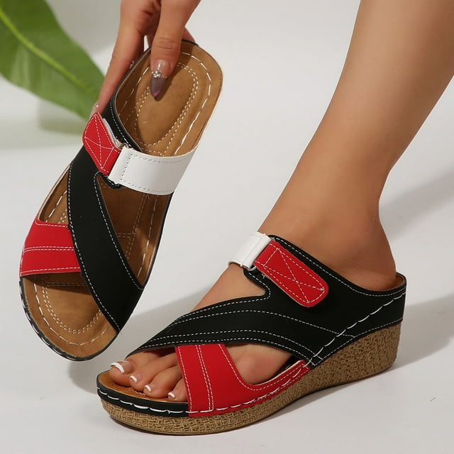 Gspmoly Sandales à Enfiler pour Femmes, Mode Femmes Décontractées Bout Rond Confortables Semelle Épaisse Pantoufle Plage Chaussures Décontractées Pantoufles Femmes Rouge 40