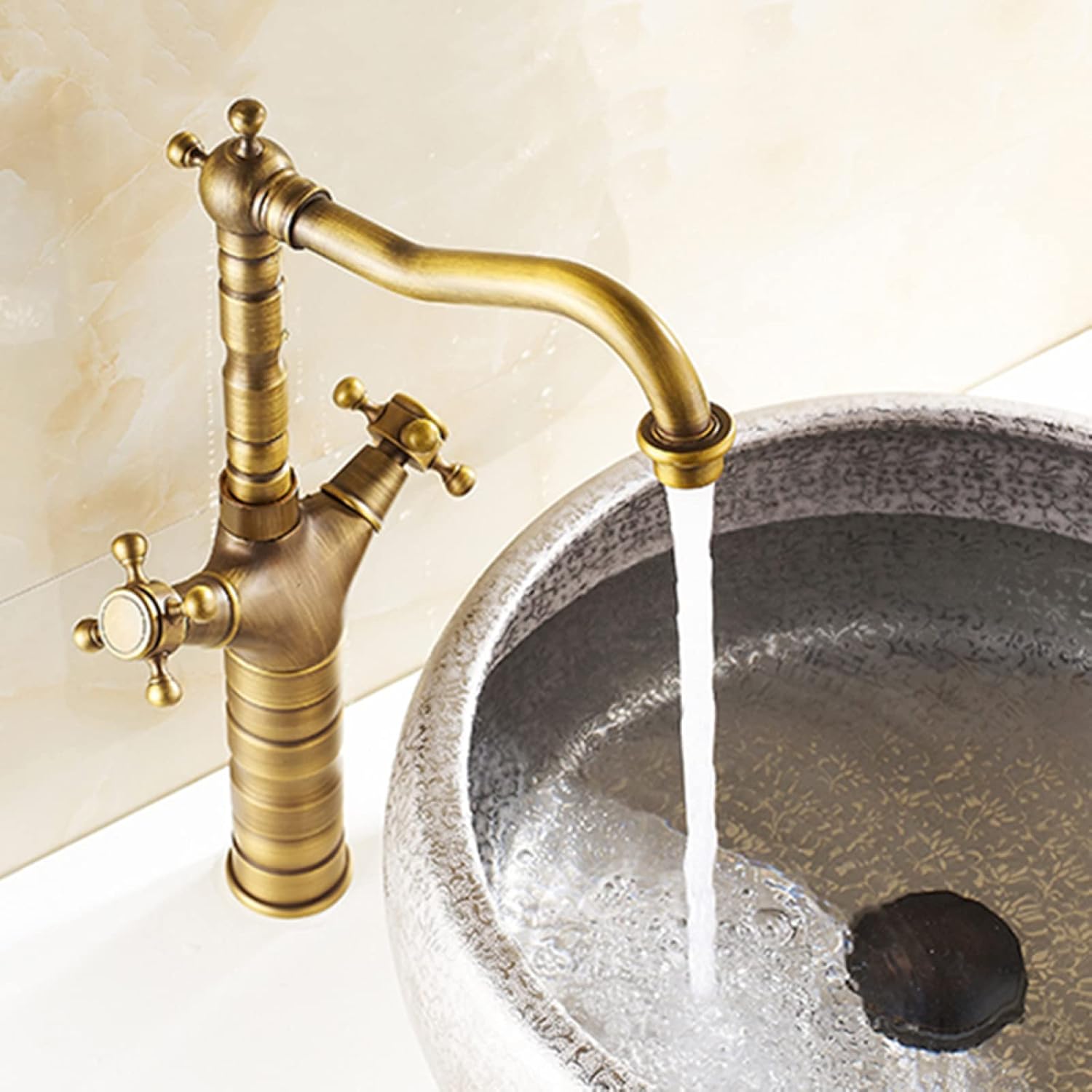 Bathroom Sink Faucet Vintage, Basin Faucets 360 Degree Swivel Spout Lavatory Sink Faucet, Bathroom Sink Faucet Single Hole Cold and Hot Double Handle Cross High, Gold