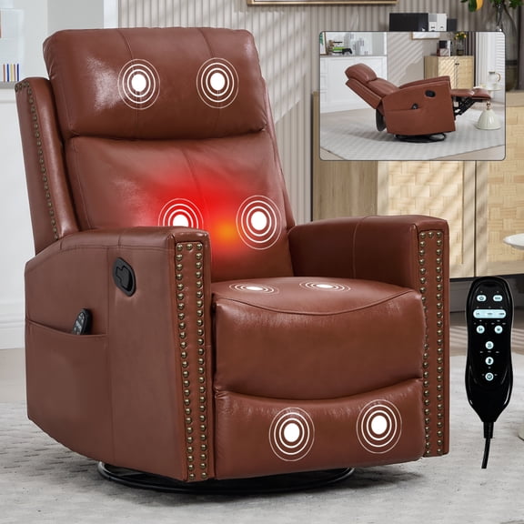 Orange Gnuine Leather Heat Massage Manual Recliner Chair with Rocker and Swivel for Living Room