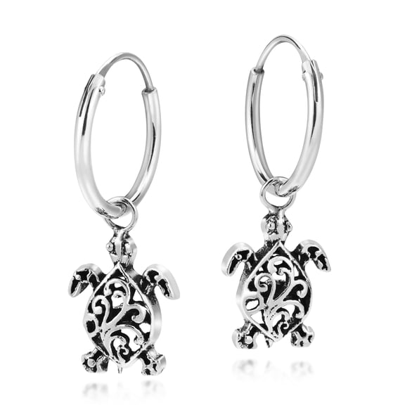 Amazing Filigree Swirls Sea Turtles Sterling Silver Dangle Hoop Earrings