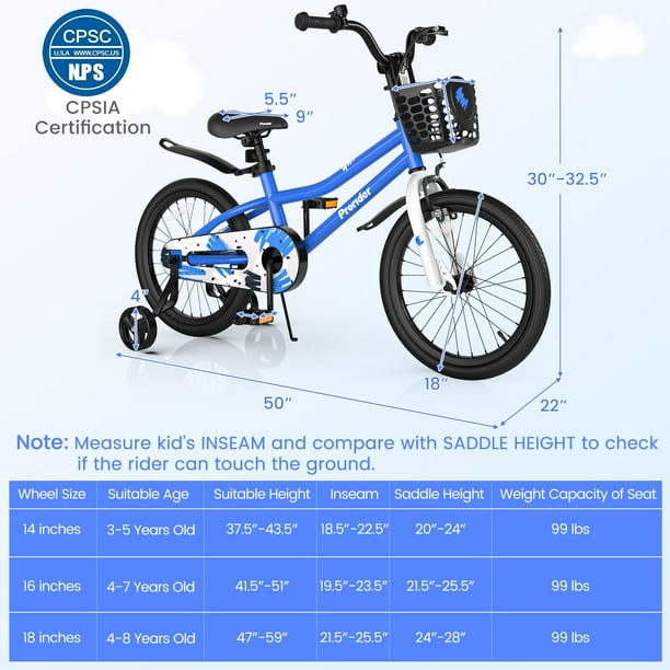 Costway 18 Kid s Bike with Removable Training Wheels Basket for 4 8 Years Old Blue