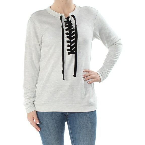 INC Womens Gray Lace Up Neck Long Sleeve V Neck Tunic Sweater  Size: S