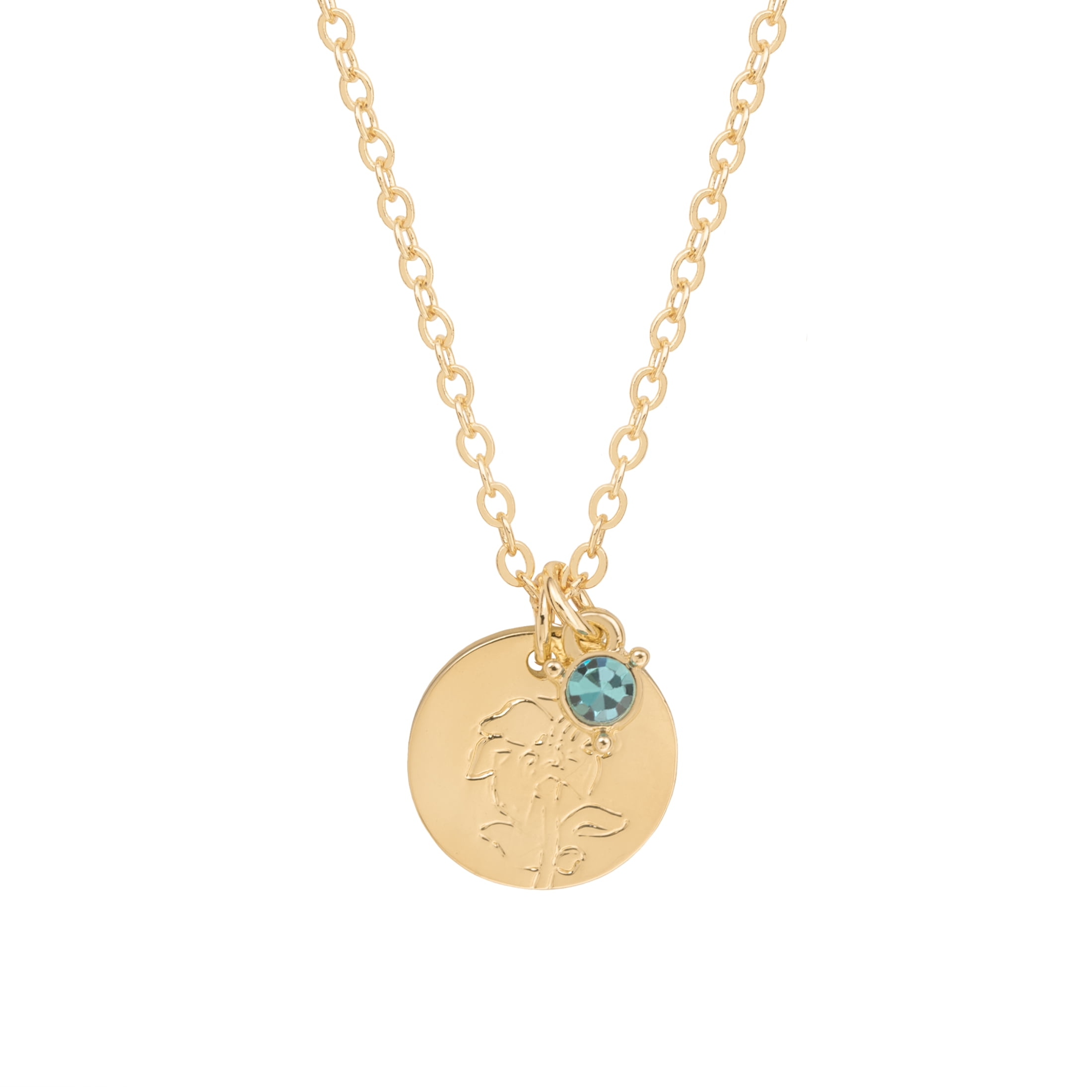 Time and Tru Women’s December Birthstone Necklace, Gold‑Tone Chain with Aquamarine Stone & Narcissus Flower