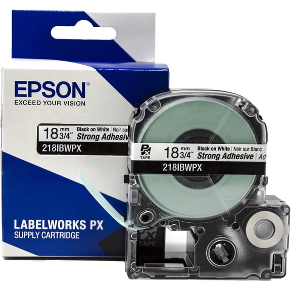 Epson LABELWORKS 218IBWPX - Black on White PET Label Maker Tape, Strong Adhesive - 3/4" (18MM) Wide, 30 ft