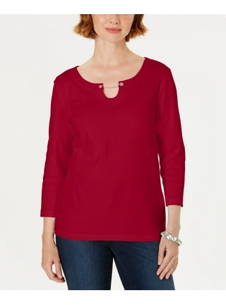 Karen Scott Women's Sport Striped 3/4-Sleeve Top - New Red Amore Red Size XS