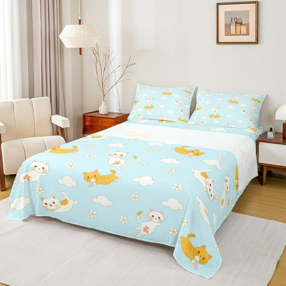 Manfei Child Teens Cute Animal Cats Twin Sheet Sets 3pcs,Kawaii Flowers Twin Fitted Sheet Microfiber,Cartoon Pets Breathable Flat Sheet,Super Cozy Room Decor