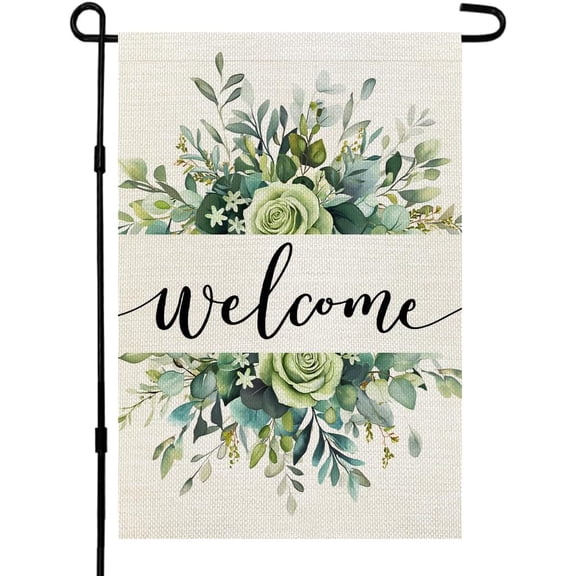 Spring Floral Welcome Garden Flag 12×18 Inch Double Sided for Outside Eucalyptus Small Burlap Seasonal Yard Flag