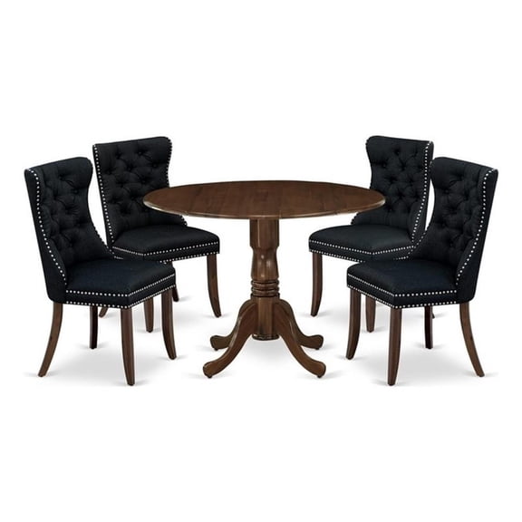 East West Furniture DLDA5-AWA-24 5 Piece Dining Room Table Set Contains a Round Solid Wood Table with Dropleaf and 4 Upholstered Chairs, 42x42 Inch, Antique Walnut