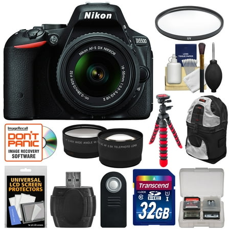 Nikon D5500 Wi-Fi Digital SLR Camera & 18-55mm VR DX II Lens (Black) - Factory Refurbished with 32GB Card + Backpack + Flex Tripod + Filter + Tele/Wide Lens Kit