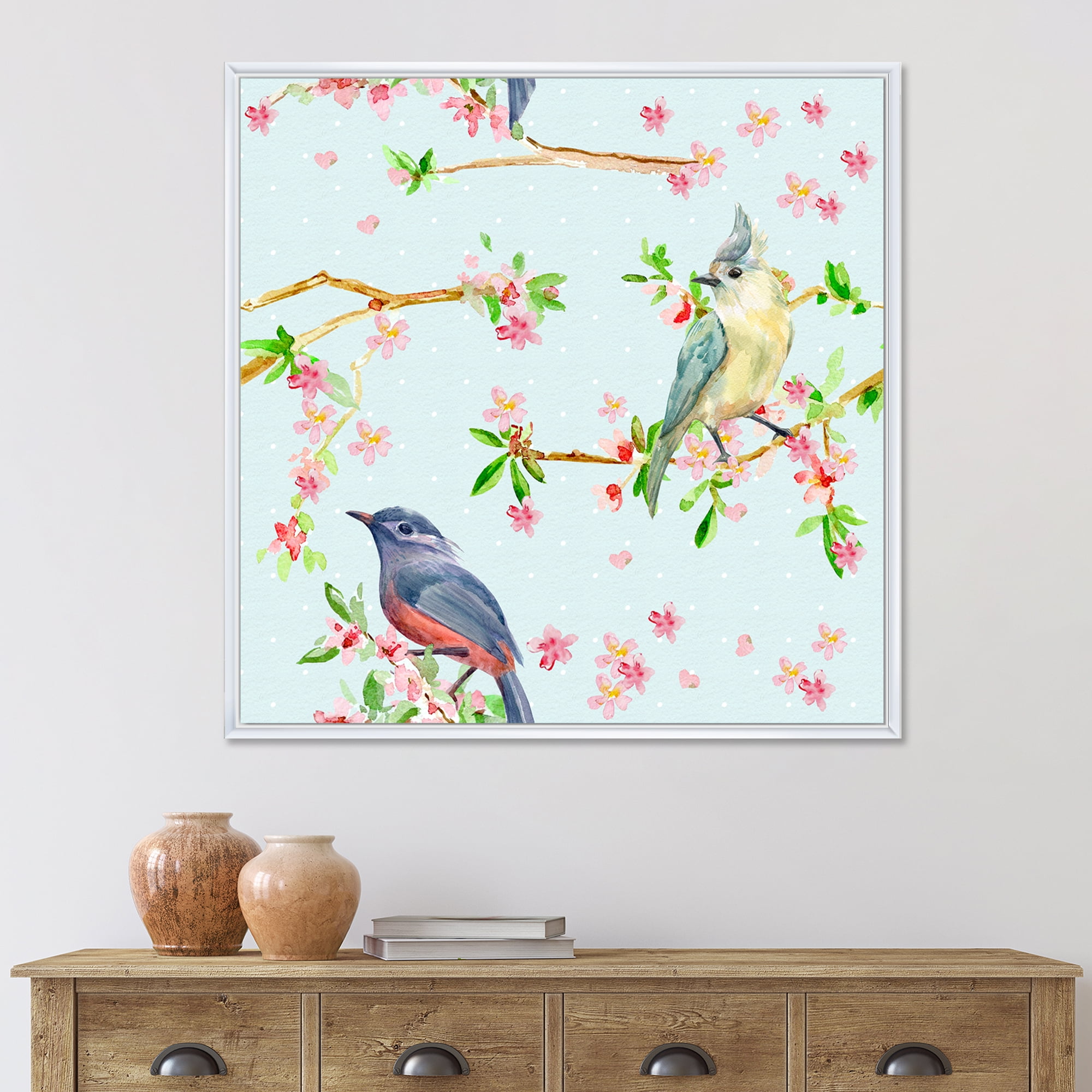 Designart 'Birds and Flowers Pattern In Blue' Traditional Framed Canvas Wall Art Print