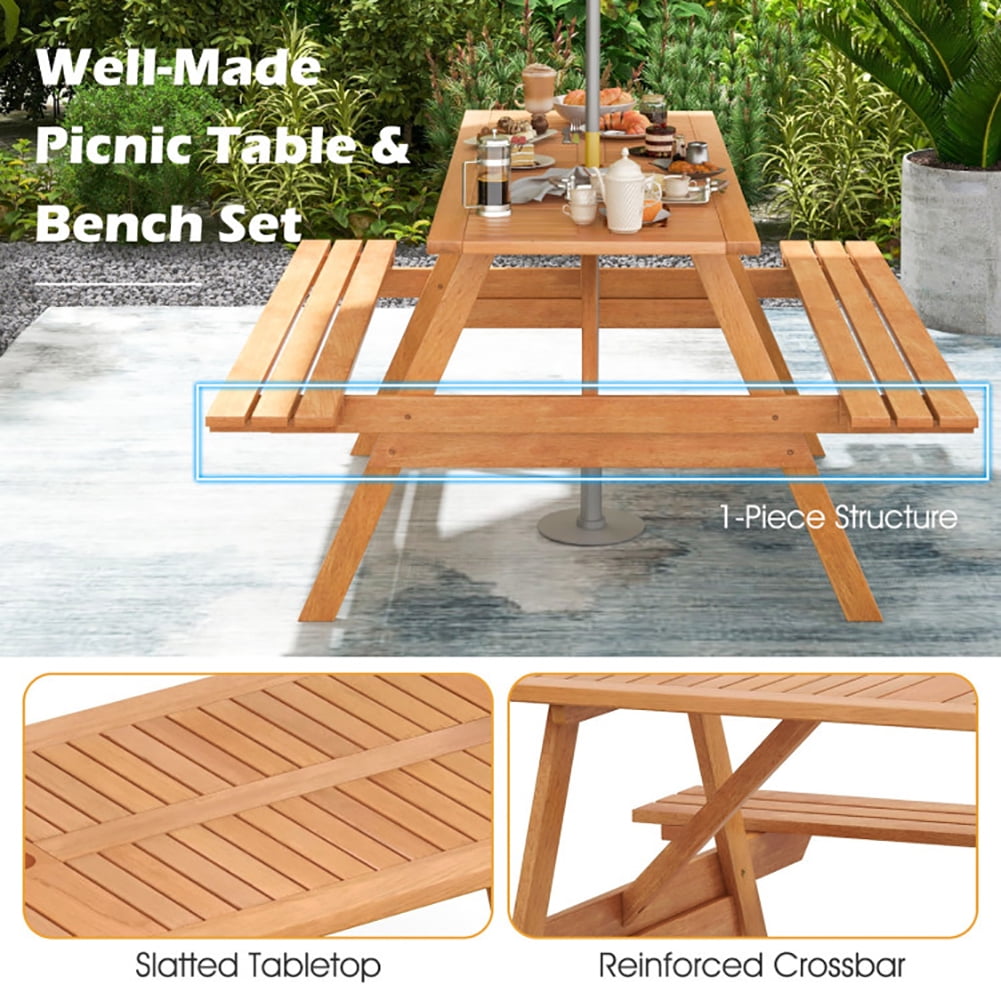 Aimee Lii 6 Person Picnic Table Set Patio Rectangle with 2 Built-in Benches and Umbrella Hole, Patio Park Yard Outdoor Furniture