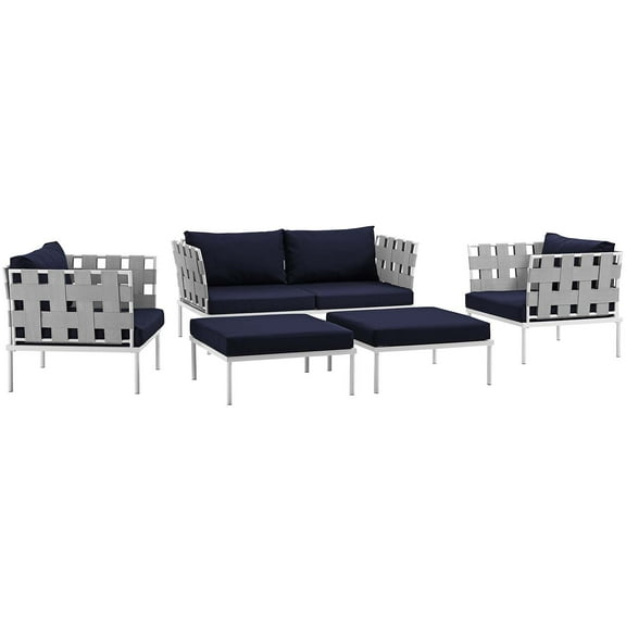 Modern Contemporary Urban Design Outdoor Patio Balcony Five PCS Sectional Sofa Set, Navy Blue White, Rattan