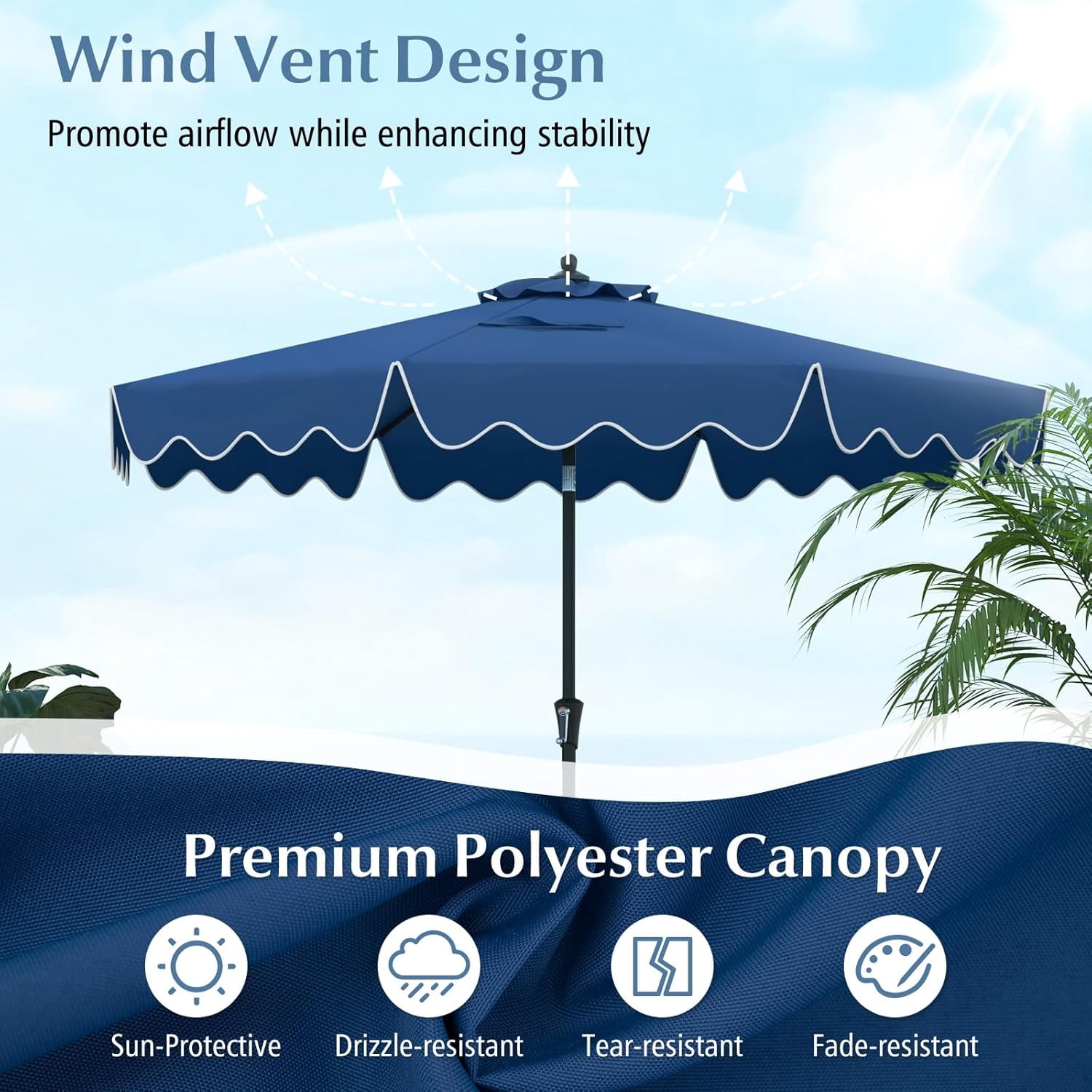CHTER 9Ft Patio Umbrella with Crank, 2-Tier Outdoor Umbrella with Push Button Tilt, Sun-Protective Canopy, 8 Ribs, Scalloped Patio Umbrella for Outdoor Beach Deck Pool Table (Blue)