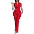 thumbnail image 2 of Mifsaly 2 Piece Sets for Women Summer Dressy Casual Work Office Matching Outfits Textured Sleeveless V Neck Wrap Peplum Top and Straight Leg Pants Red,L, 2 of 5