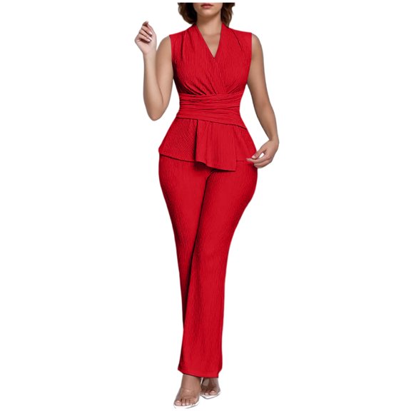Women's Summer 2 Piece Suit Sets Elegant V Neck Wrap Peplum Tank Top with Straight Leg Pants Business Casual Outfits
