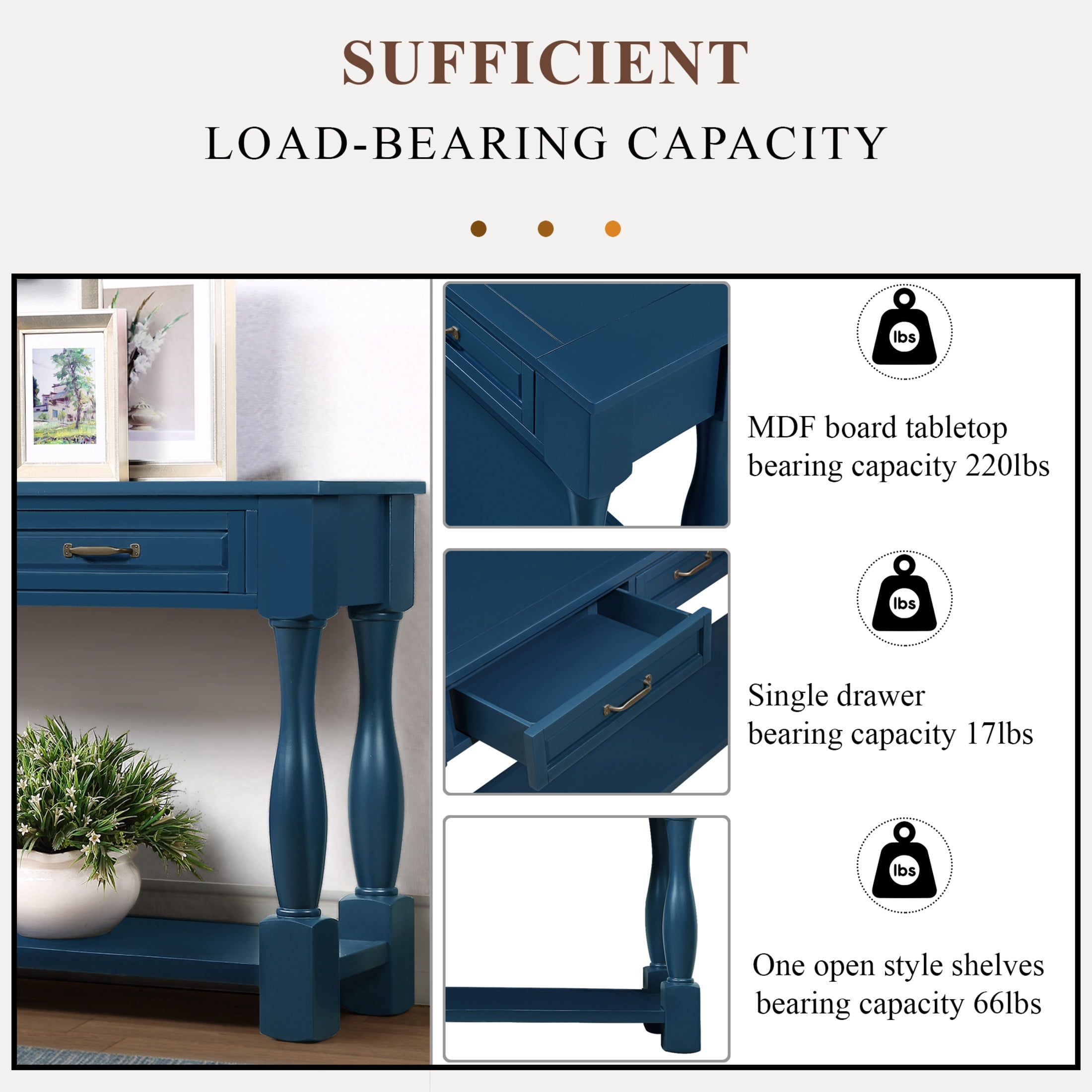 Noble House Adelaide 63" Console Table, Solid Wood Frame Mid-Century Entryway Storage, Navy Blue