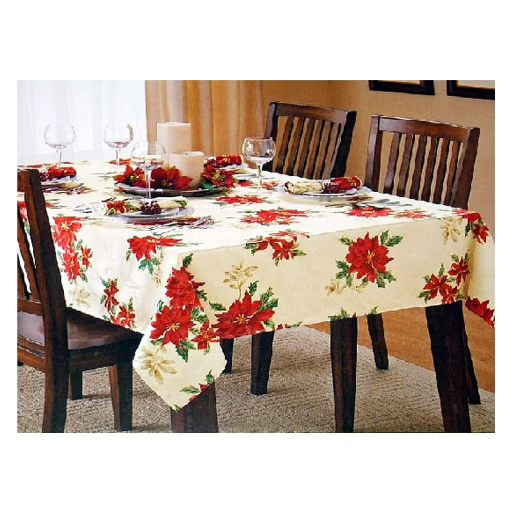 Christmas Tablecloth Poinsettia Season Print Fabric (70 Round