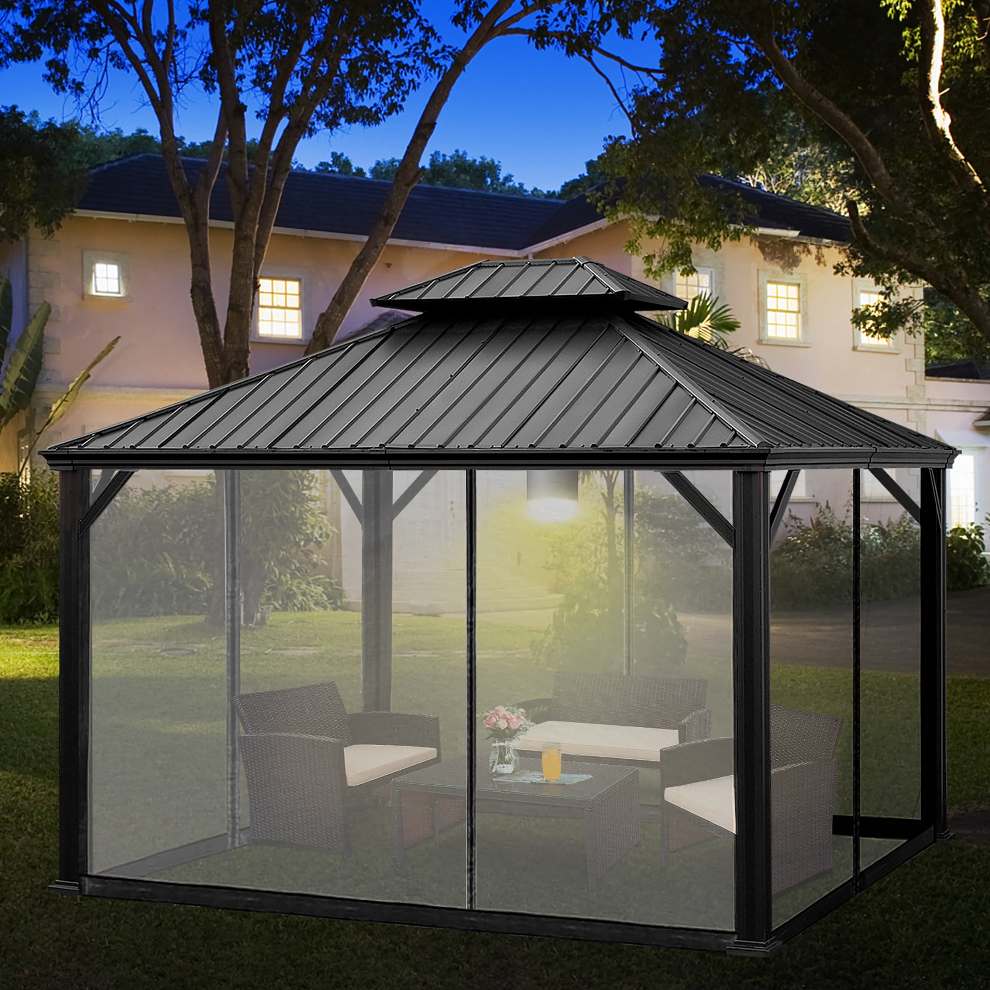 Costway 12ft x  10ft Hardtop Gazebo 2-tier Outdoor Galvanized Steel Canopy Grey