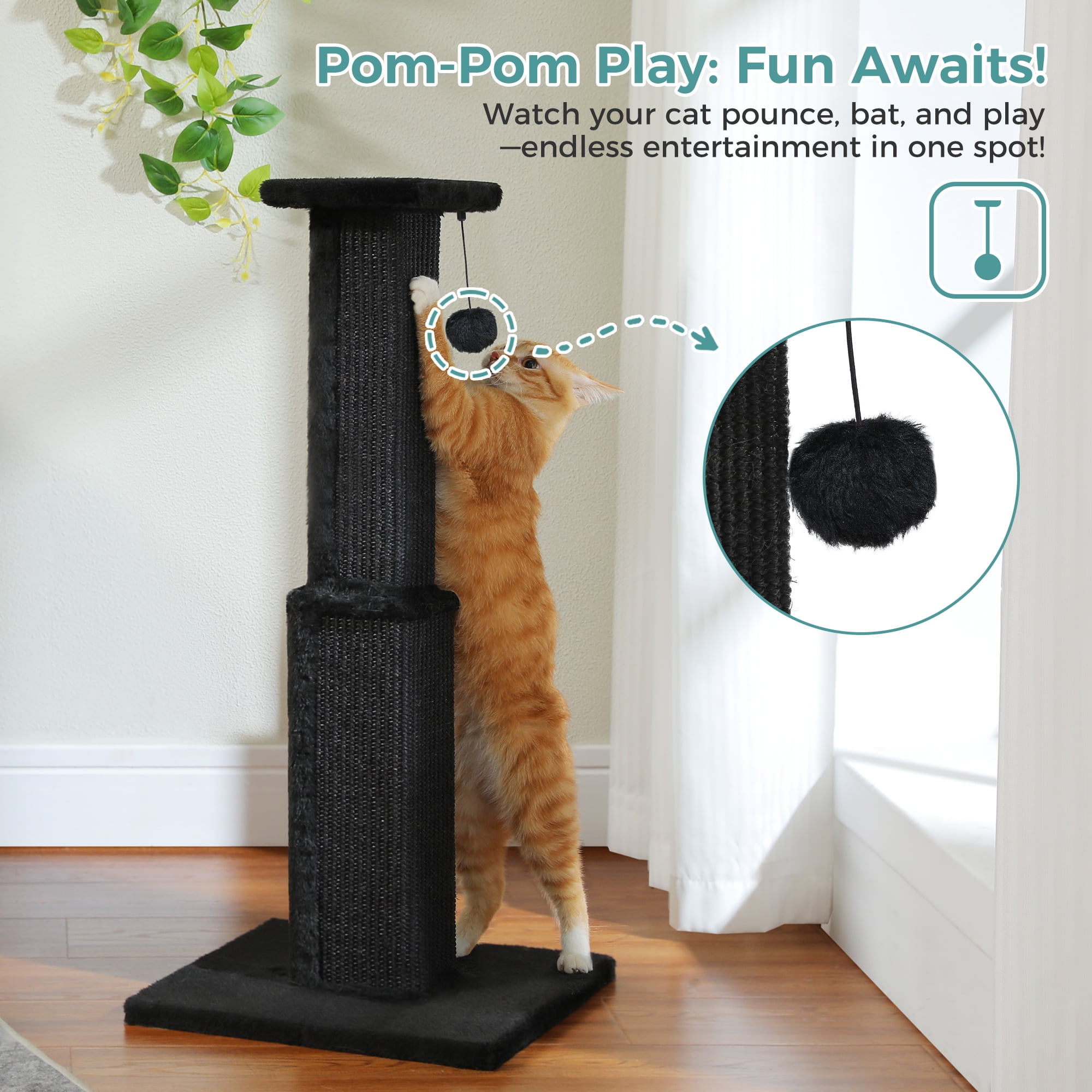 PAWZ Road 31" Natural Sisal Cat Scratching Post Indoor Cat Scratcher with Plush Large Base, Black