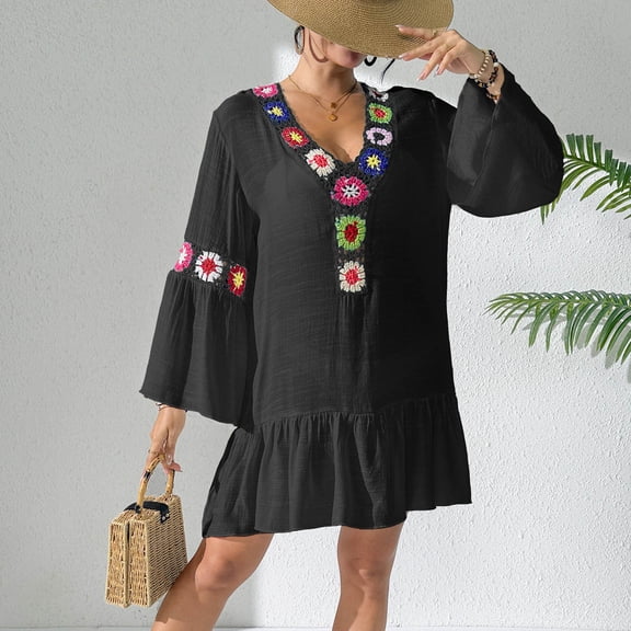 Women's Boho V Neck Mini Dress Crochet Embroidery Floral Trim Bell Sleeve Ruffle Hem Loose Fit Tunic Dress Vintage Bohemian Vacation Beach Cover Up Party Wear