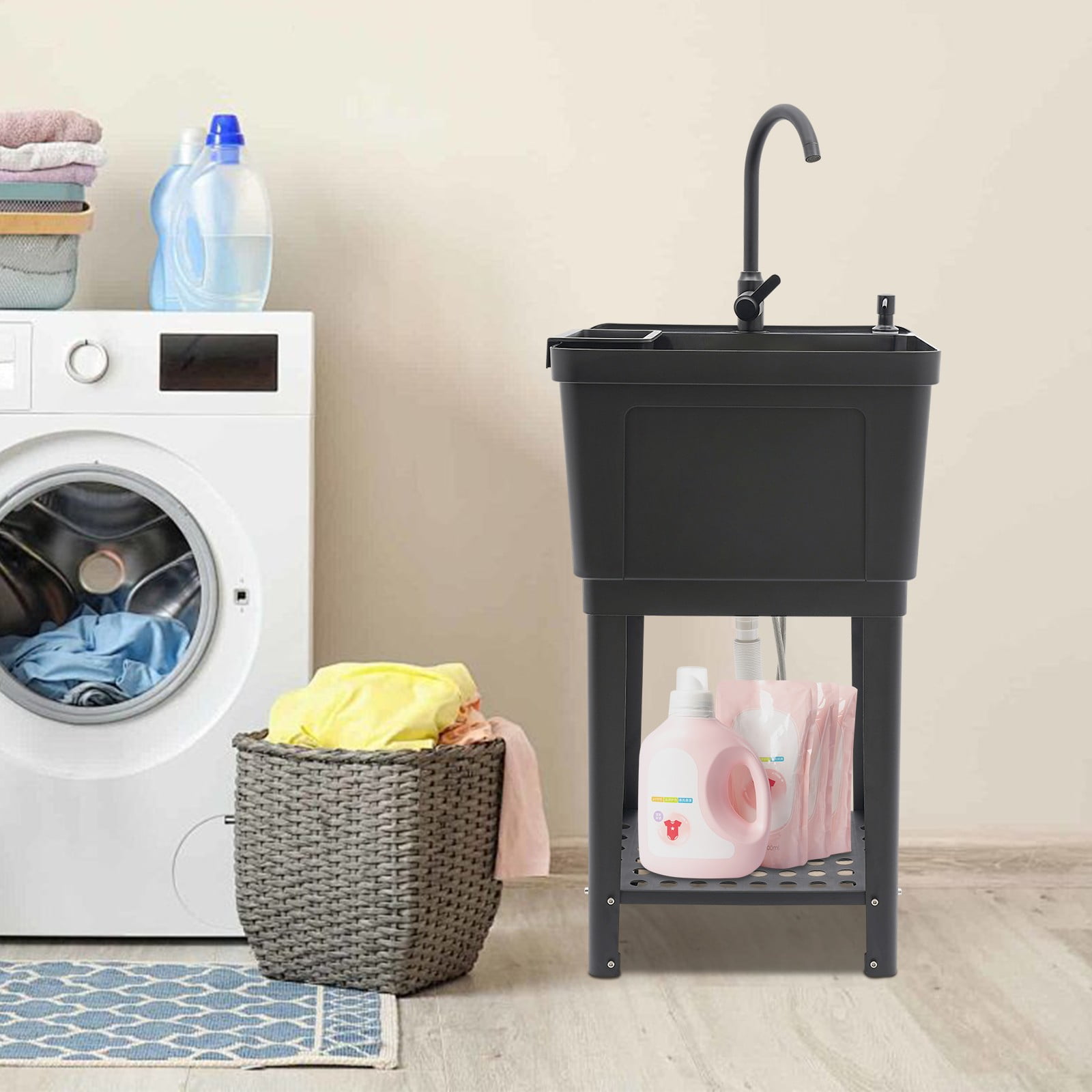 Utility Sink, Freestanding Sink with Storage Shelf with Pull-out Faucet