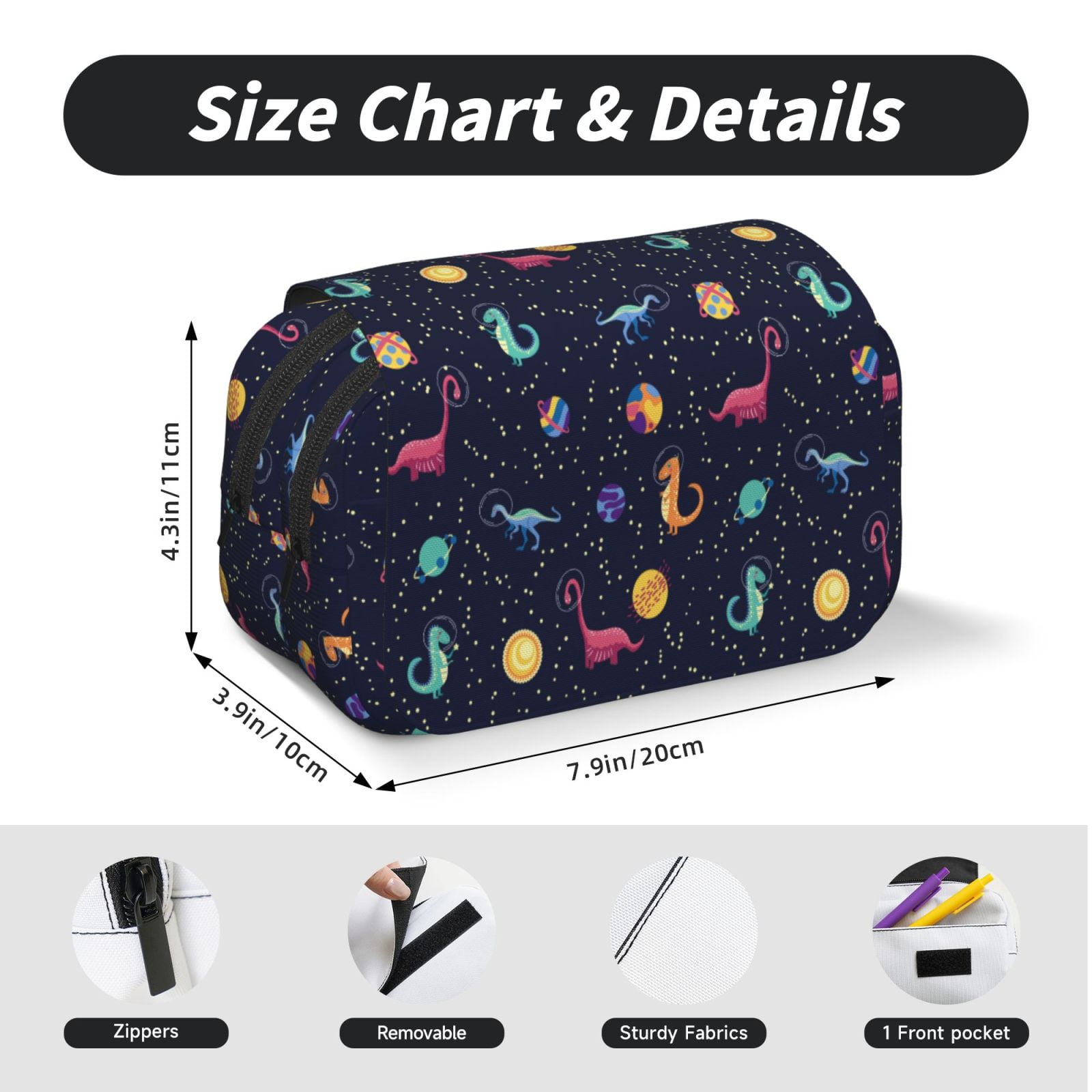 Rateoe Space Dinosaur Pattern Double Clamshell Pen Case, Storage Organizer with Two Zipper Compartments– Holds Up to 50 Pencils & Pens