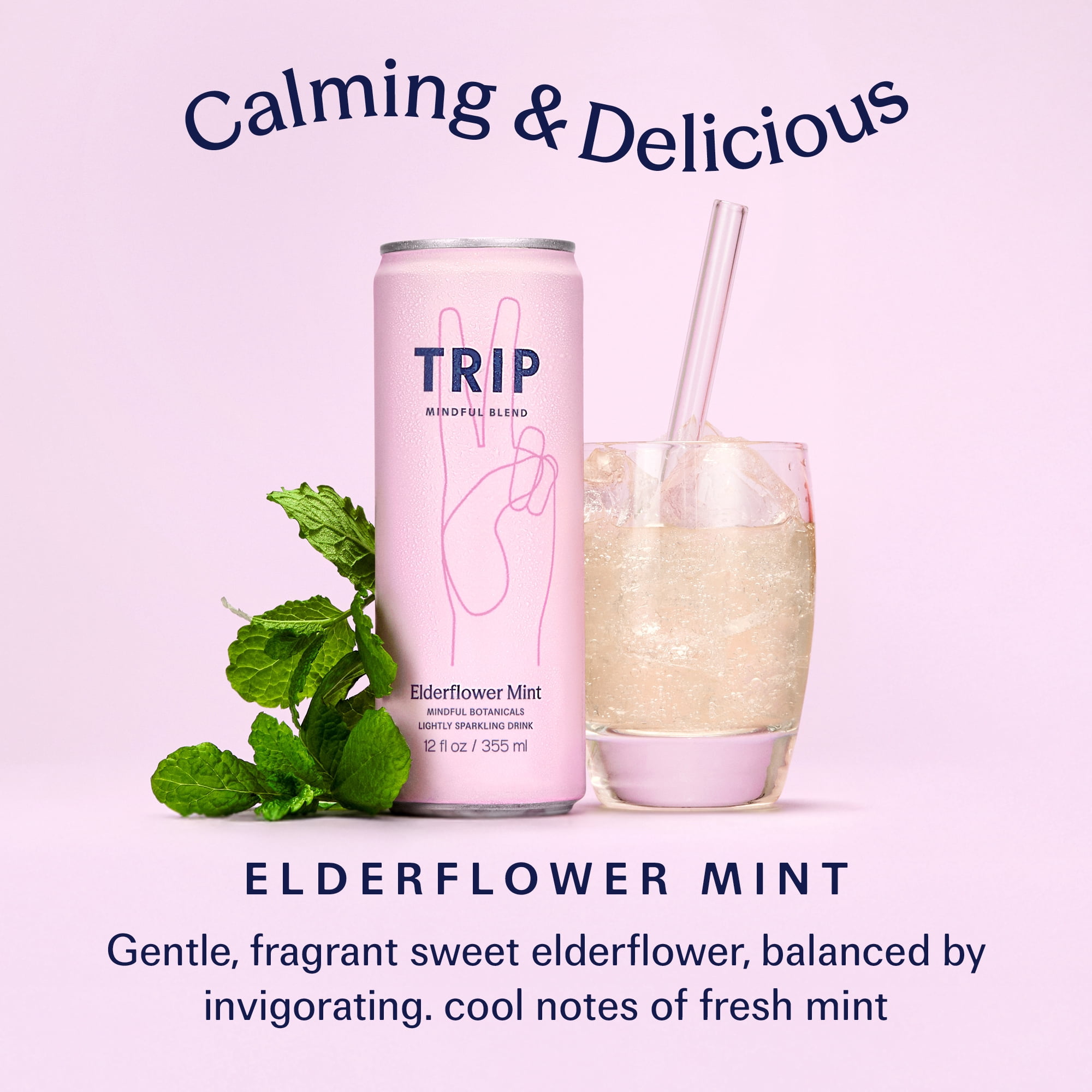 TRIP Sparkling Magnesium Drink, Elderflower Mint Flavor, 12 oz, 12 Pack, Adaptogen Drink With Ashwagandha and Lions Mane