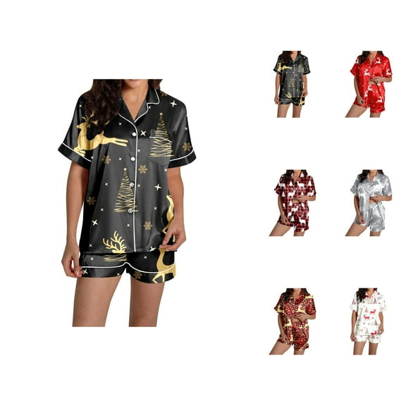 Womens Pajama Shorts – Lightweight Summer Pajama Set for Home Women's Reindeer Print Short Sleeve & Shorts Pajama Set For Christmas
