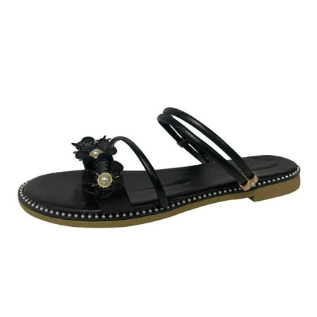 

Mackneog Ladies Shoes Summer Boho Sandals Pearl Flower Sandals Flat Casual Open Toe Sandals Gift on Clearance