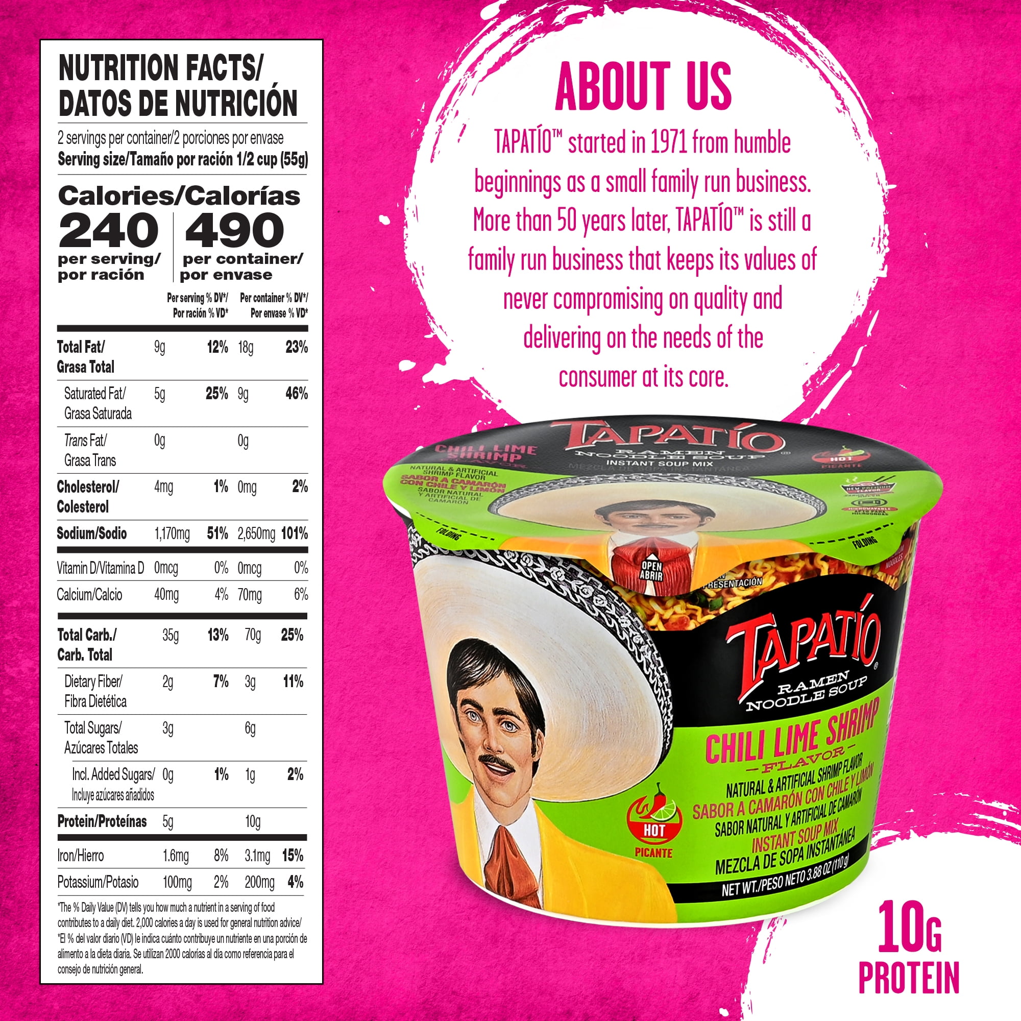 (2 pack) Tapatio Spicy Chili Lime Shrimp Flavor Ramen Bowl, 3.8 oz