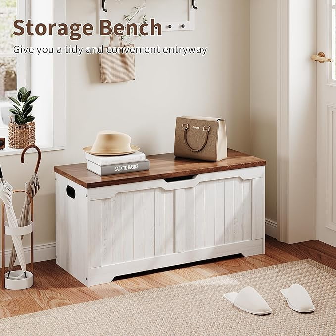 SOLLED 39.4" Retro Wooden Storage Bench & Chest, Lift-Top Trunk with Safety Hinges, Multifunctional Entryway Organizer & Toy Chest, Vintage Style for Living Room,White