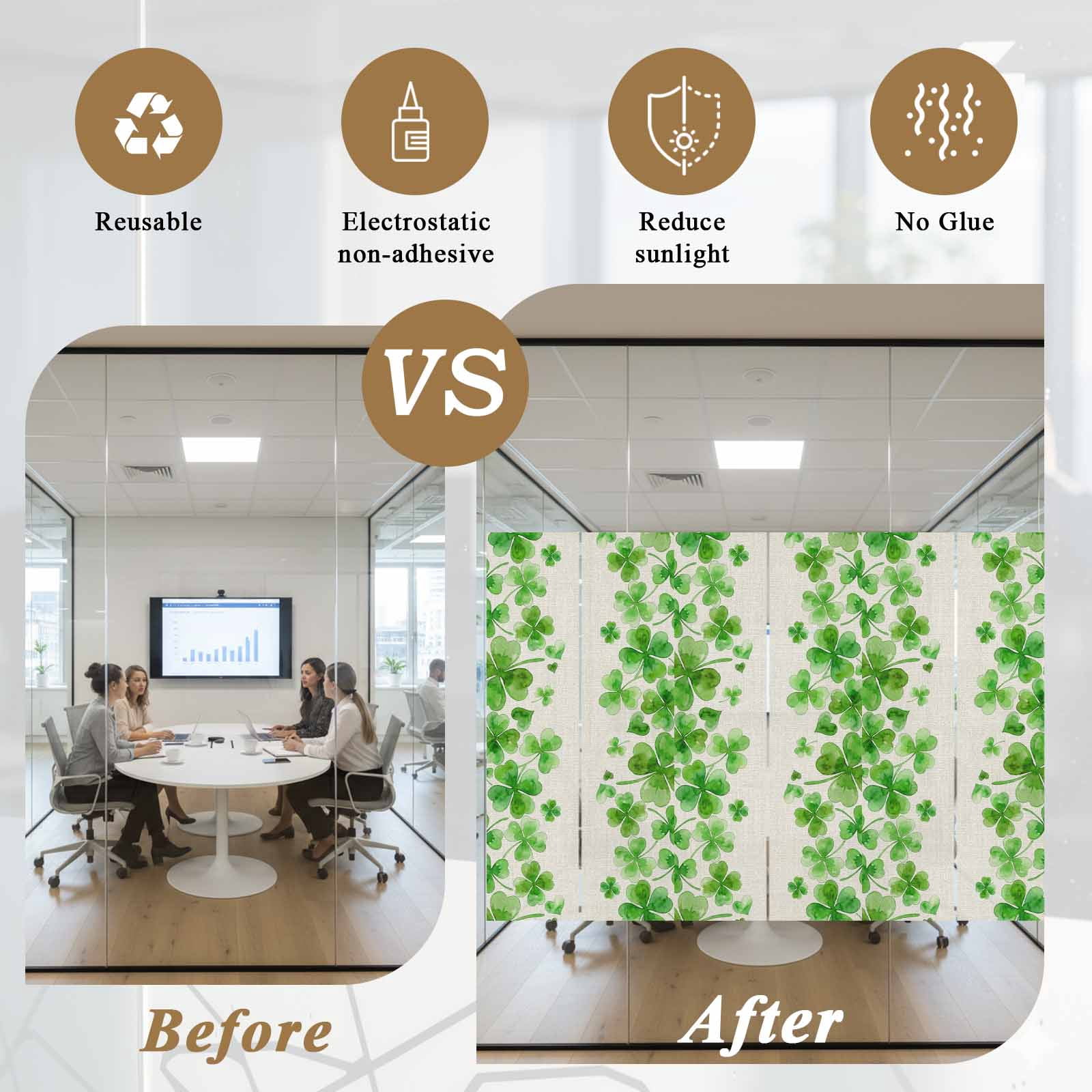 St. Patrick's Day Window Privacy Film, Watercolor Lucky Clovers Green Rustic Static Cling UV Sun Blocking Tint Film Heat Control Windows Films for Bedroom Bathroom, Window Stickers 23.6"x59"
