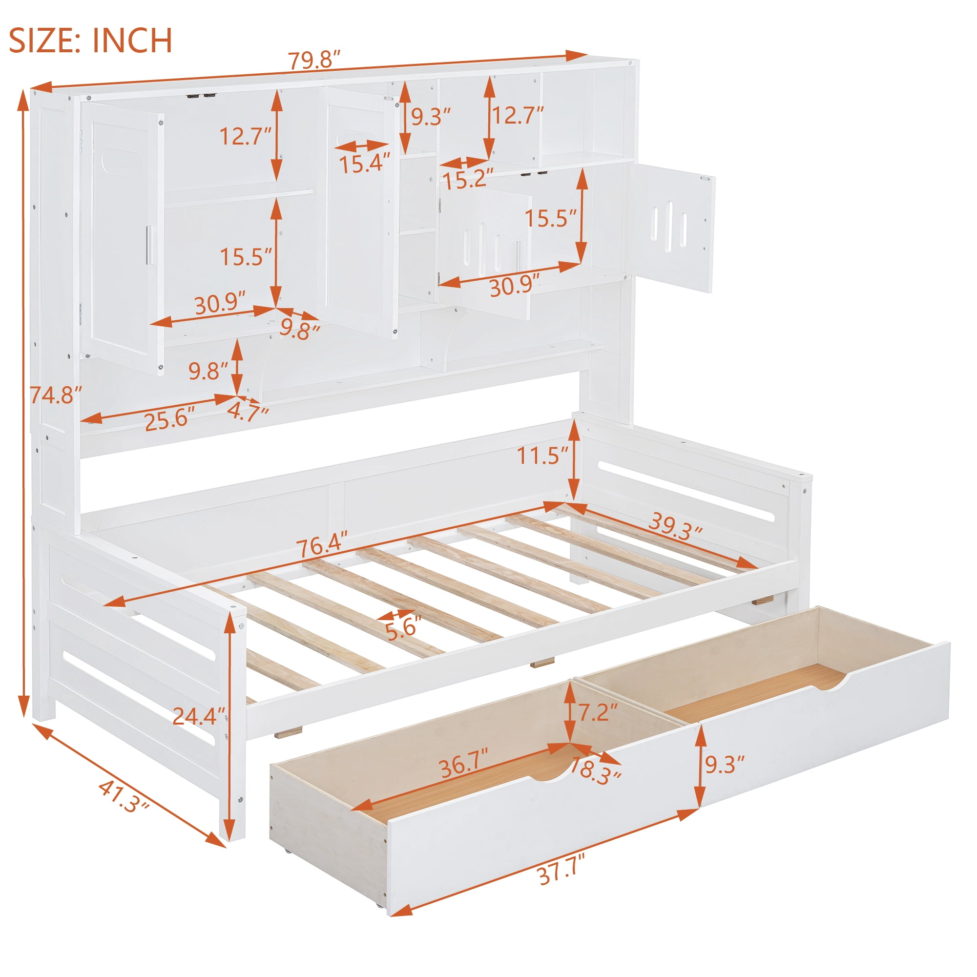 Mintazer Twin Platform Bed with Side Bookcase & 2 Drawer and 2 Cabinets, All-in-One Wood Storage Daybed Frame for Kids Teens Bedroom Guest Room, White
