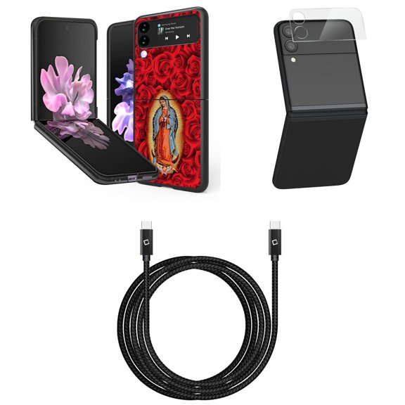 Bemz Premium Bundle for Samsung Galaxy Z Flip 3 5G: Slim Snap-On Protector Case (Virgin Mary), Rear Camera Glass Protector, Nylon Braided USB-C to USB-C Cable (4 Feet)