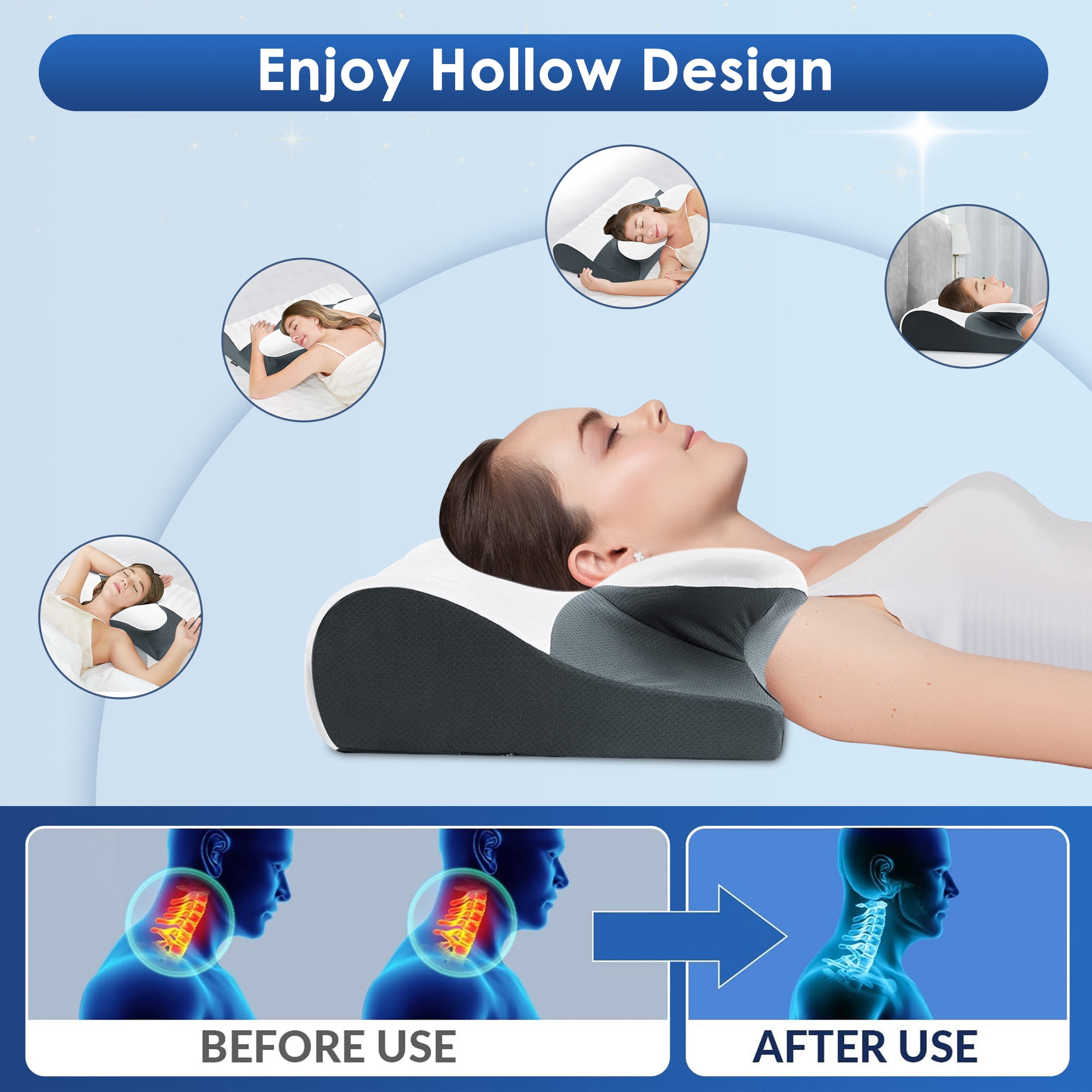 Ergonomic Cervical Memory Foam Pillow for Neck Pain Relief, Orthopedic Contour Pillow with Breathable Cover, for Side, Back, and Stomach Sleepers, Queen Size 23.6"x14.2"x4.7", Dark Grey
