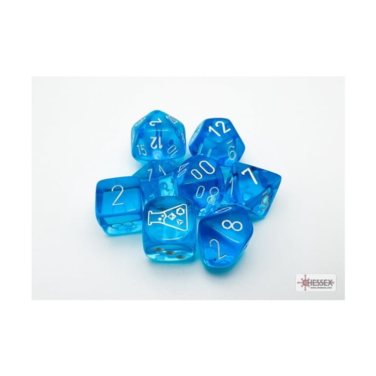 Tropical Blue Translucent Dice with White Numbers 7+1 Dice Set