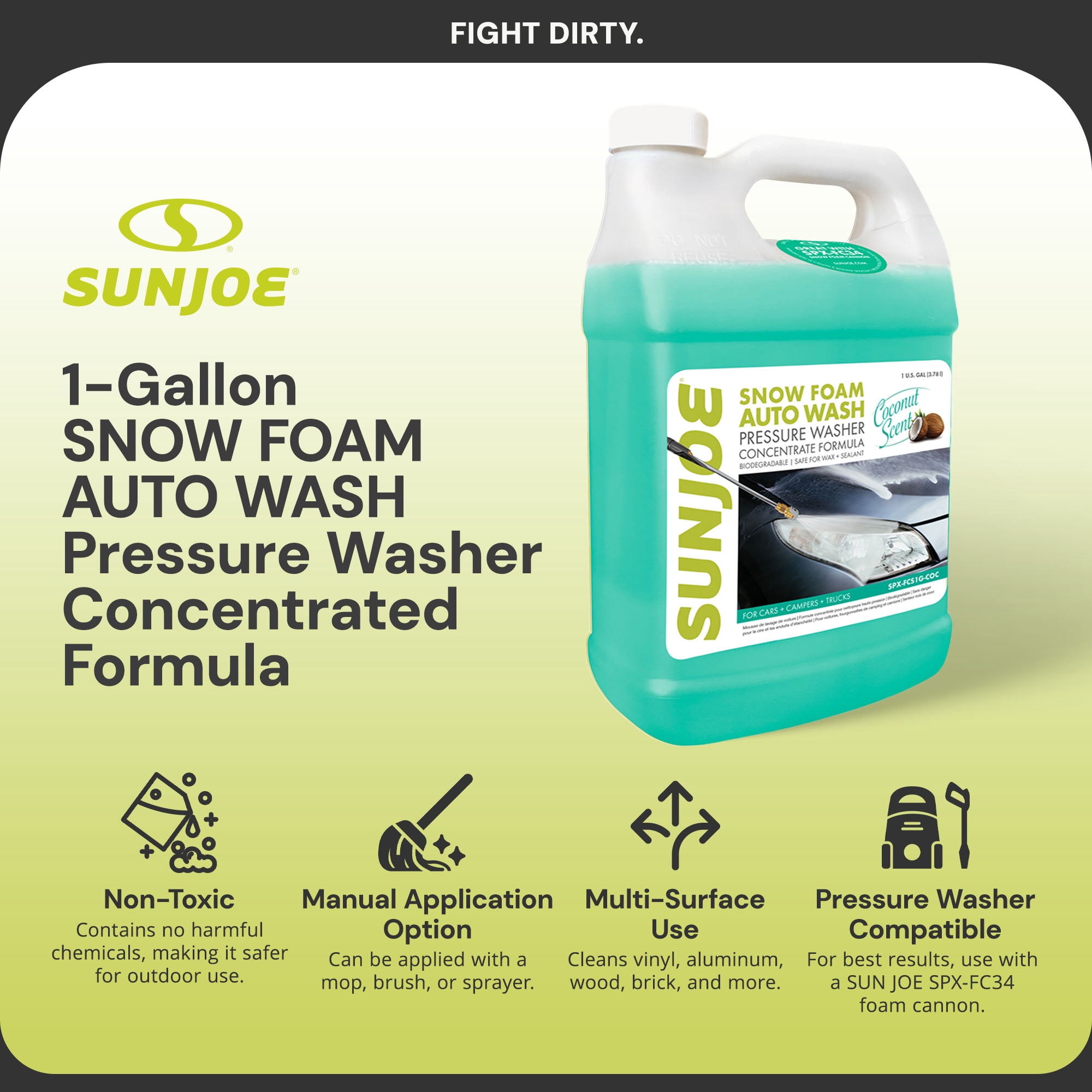 Sun Joe Premium Snow Foam Coconut Scent Car Washing Soap & Cleaner, 1 Gal, SPX-FCS1G-COC