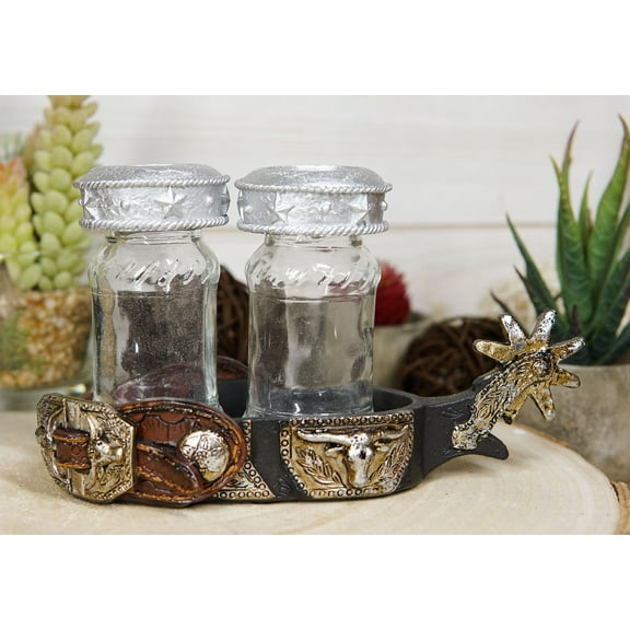 Western Cowboy Boot Spur Longhorn Concho Faux Leather Salt Pepper Shakers Set