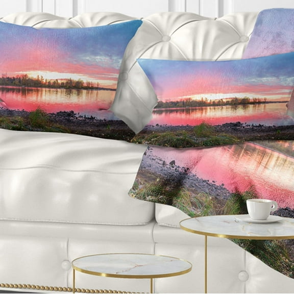 Designart Beautiful Fall Sunrise Over River - Landscape Printed Throw Pillow - 12x20