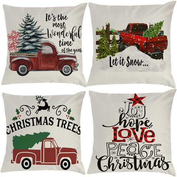 Lina Machine Wash Faux Linen Fabric Xmas Decorating Pillow Covers (Set of 4) | White & Red