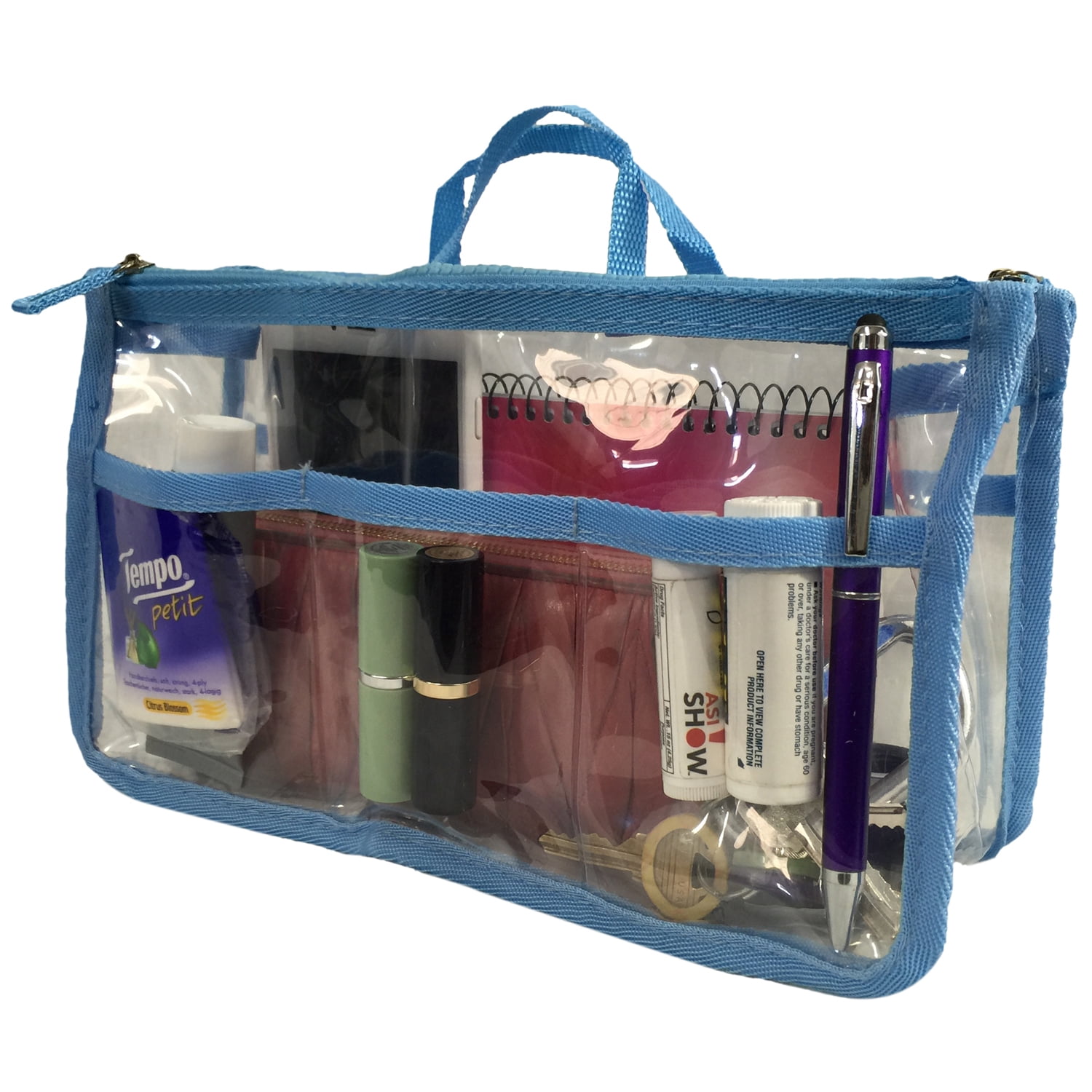 10 Pack Clear Handbag Organizer See Through Cosmetic Badget Insert Purse Organizer Transparent Travel Pouch Liner Shaving Toiletry Bag with handle, Blue