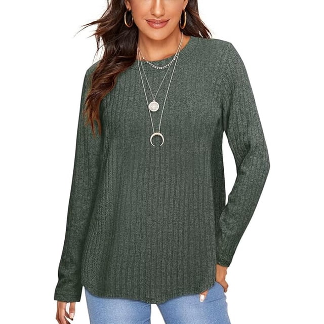 Suéter de mujer, cuello redondo casual, camisa de manga larga, tops livianos