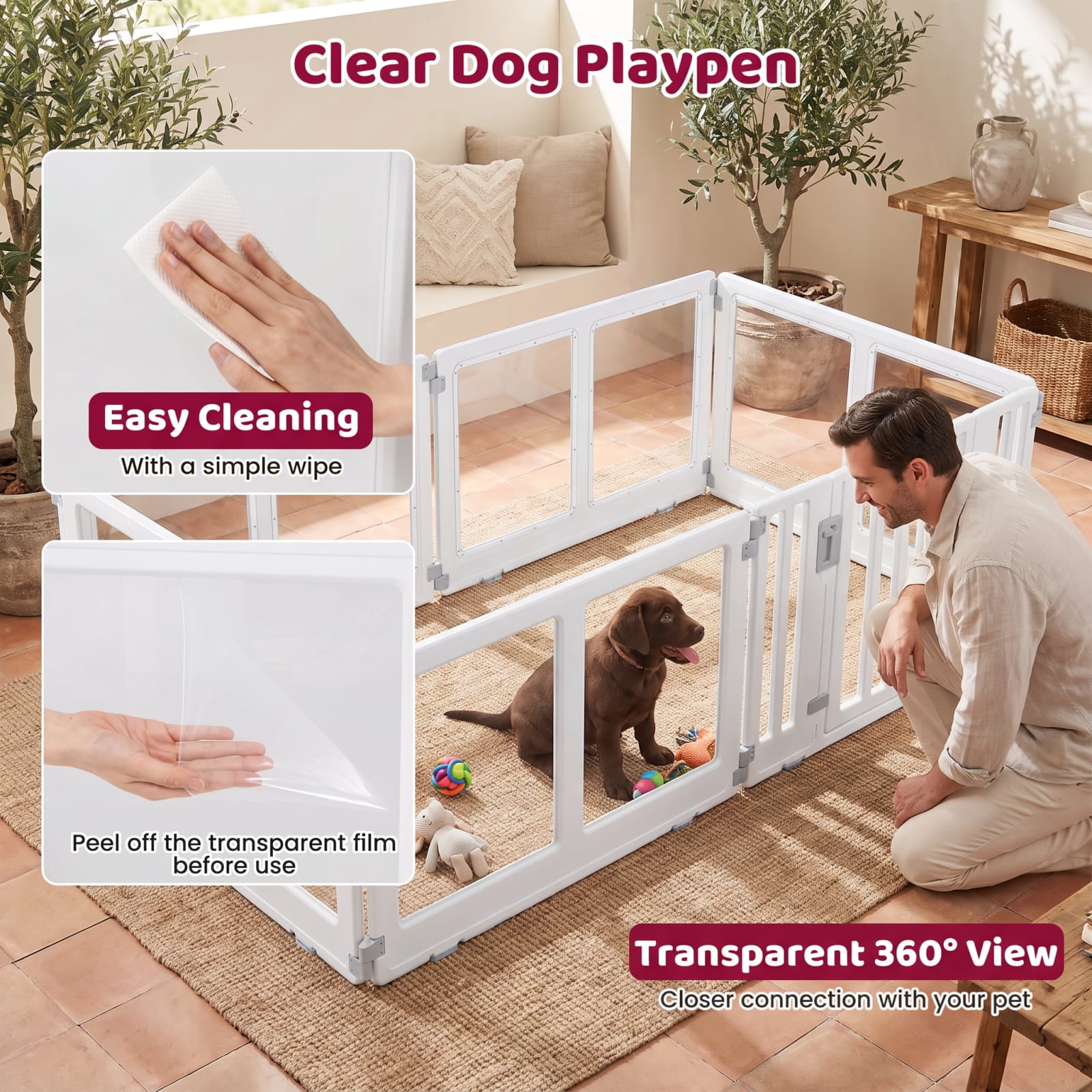 Vebreda 6-Panel Clear Plastic Dog Playpen with Secure Locking Door, See-Through Foldable Pet Pen for Puppies & Small Dogs, Indoor Portable Exercise Fence, Easy-Clean Tool-Free Setup