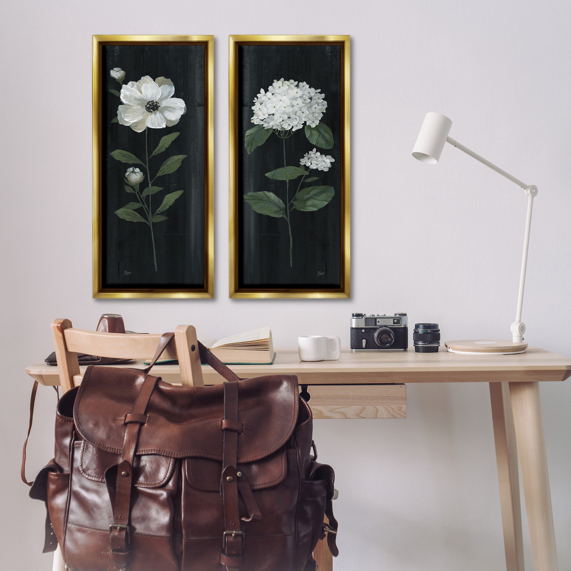 Stupell Industries Delicate White Flower Sprigs Botanical & Floral Painting Gold Floater Framed Canvas Art Print Wall Art, 15 x 31, Set of 2
