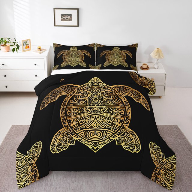 Erosebridal Literie Tortue de Mer Ensemble de Couette Simple, Couette Noire Dorée, Décoration Marine, Réversible, Léger, 2 Pcs
